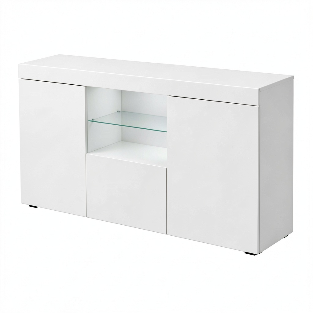 Credenza Moderna a 3 Ante con Luci LED per Soggiorno e Sala da Pranzo, Bianco Lucido