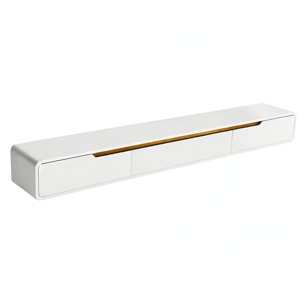 Mobile TV sospeso in legno massello con cassetti e ante, design moderno, 160 cm, bianco