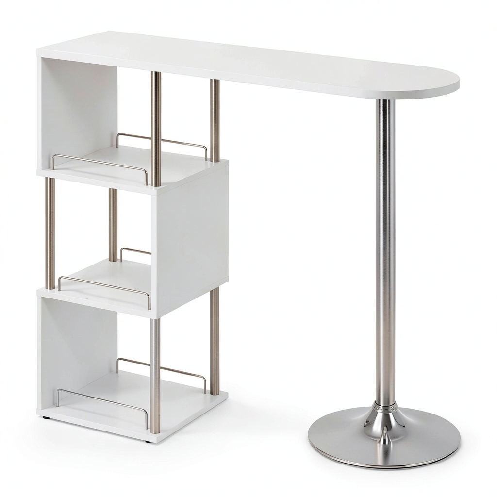WOLTU Tavolo Alto Bar con Ripiani e Portabottiglie, Bancone Cucina in Metallo e MDF, 113x40x105 cm, Bianco