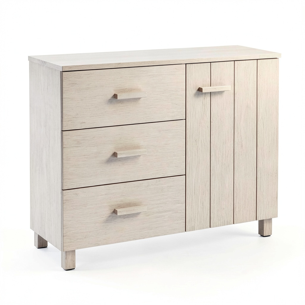 Credenza Moderna in Legno di Pino con Anta e Cassetti Scorrevoli, Bianco
