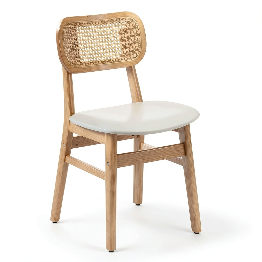 Set di 2 Sedie in Rattan con Gambe in Legno e Cuscino in Pelliccia, Bianco