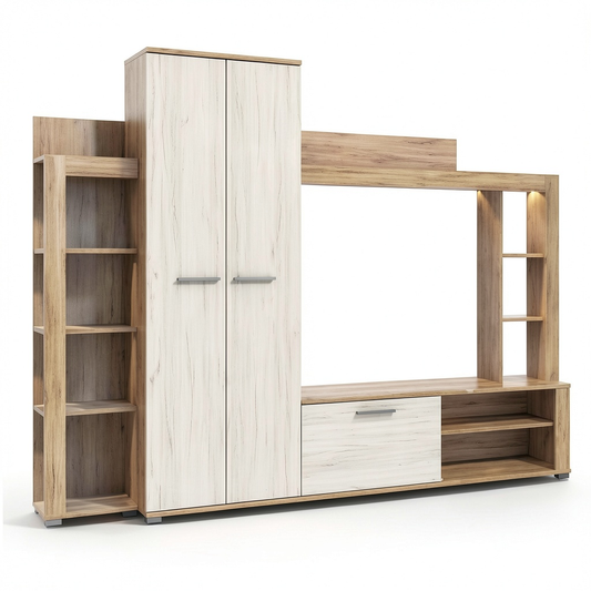 Parete Attrezzata per Soggiorno in Rovere Grigio e Bianco, 233x35x185 cm