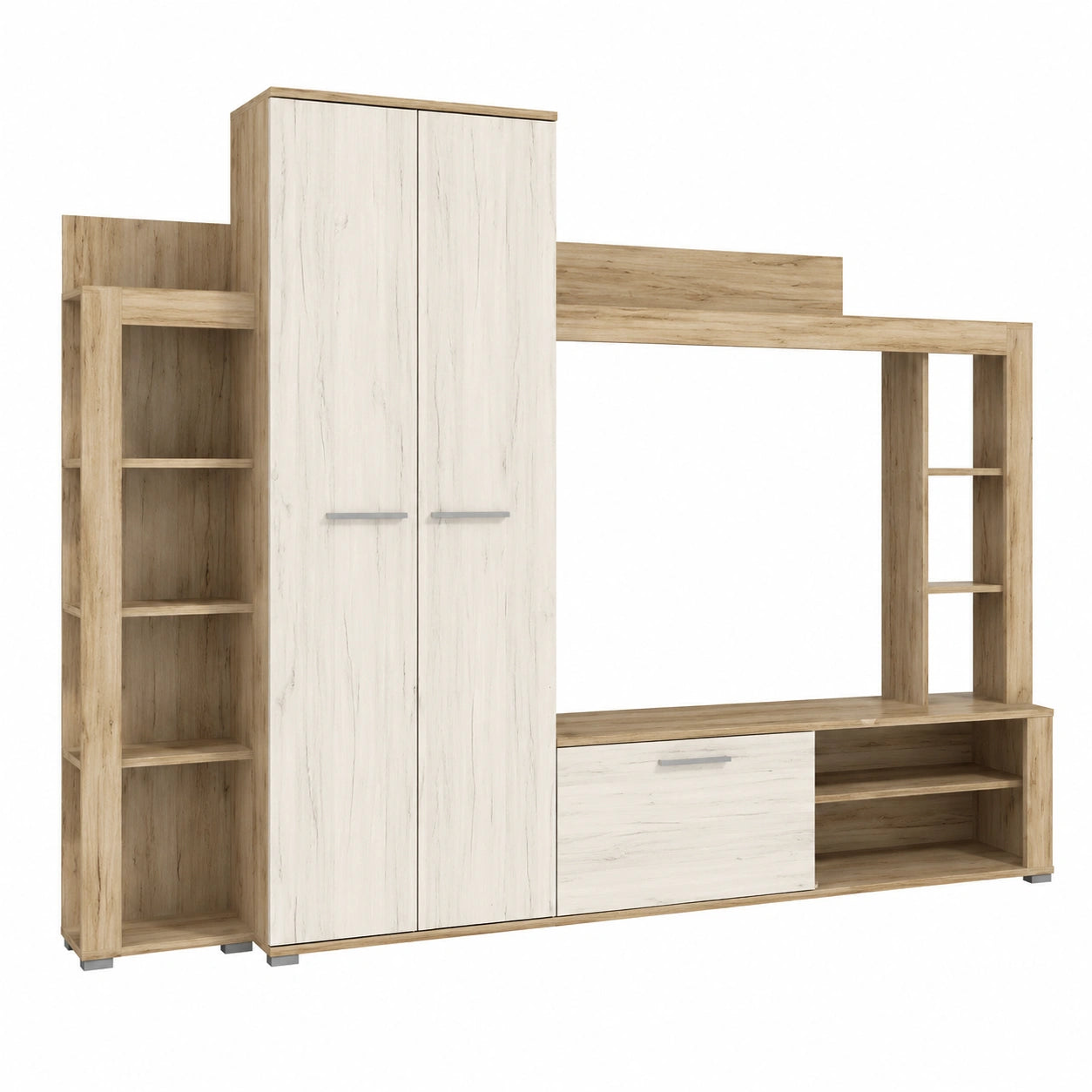 Parete Attrezzata per Soggiorno in Rovere Grigio e Bianco, 233x35x185 cm