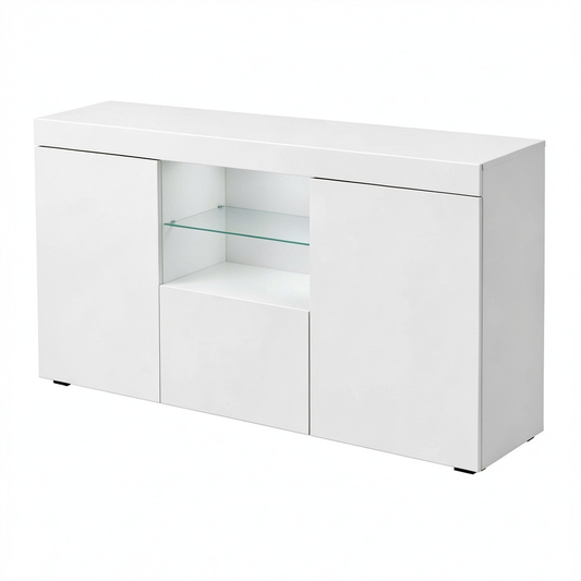 Credenza Moderna a 3 Ante con Luci LED per Soggiorno e Sala da Pranzo, Bianco Lucido