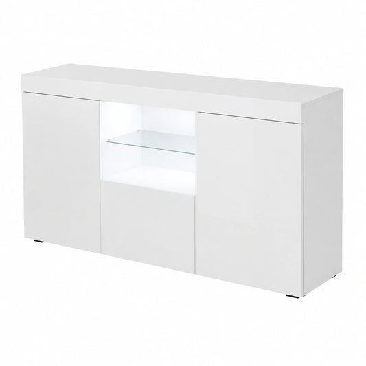 Credenza Moderna a 3 Ante con Luci LED per Soggiorno e Sala da Pranzo, Bianco Lucido