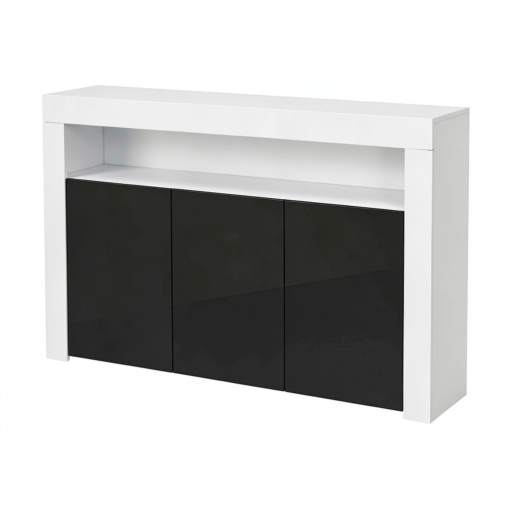 Credenza Moderna in Melamina Lucida, Bianco e Nero, 155x91.5x37cm