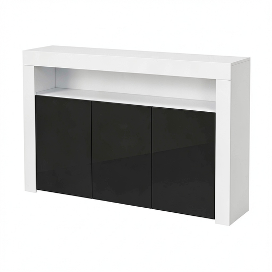 Credenza Moderna in Melamina Lucida, Bianco e Nero, 155x91.5x37cm
