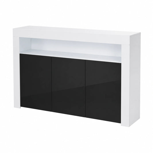 Credenza Moderna in Melamina Lucida, Bianco e Nero, 155x91.5x37cm