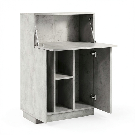 Scrivania Moderna con Scaffale in Grigio Cemento, Design Minimalista e Salvaspazio