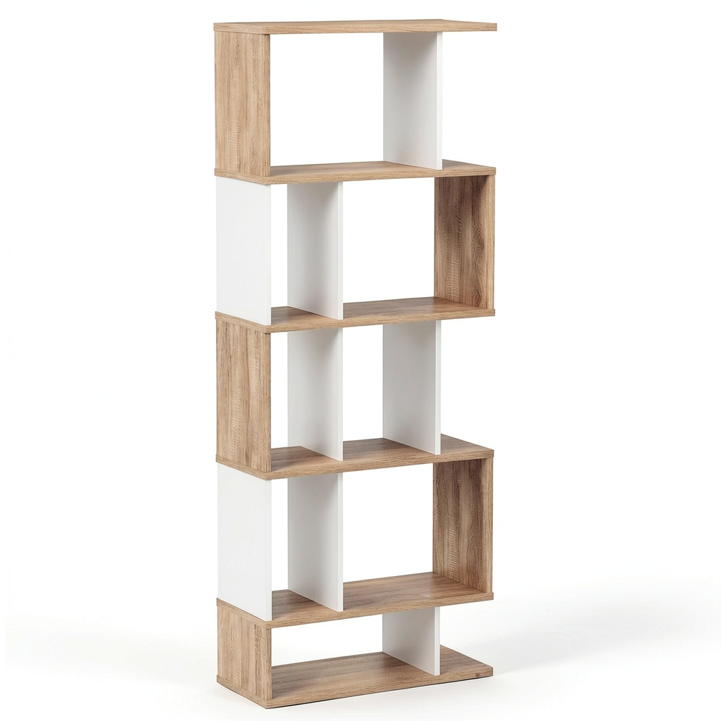 Libreria a 5 Ripiani in Legno e Bianco, Scaffale Salvaspazio a S per Casa e Ufficio
