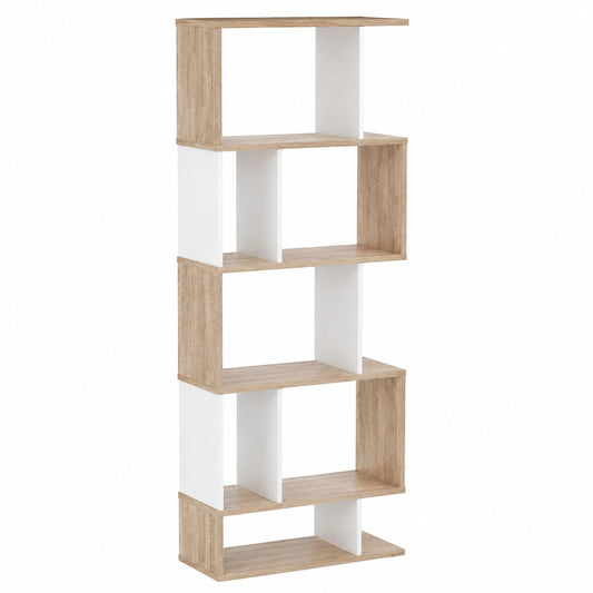 Libreria a 5 Ripiani in Legno e Bianco, Scaffale Salvaspazio a S per Casa e Ufficio