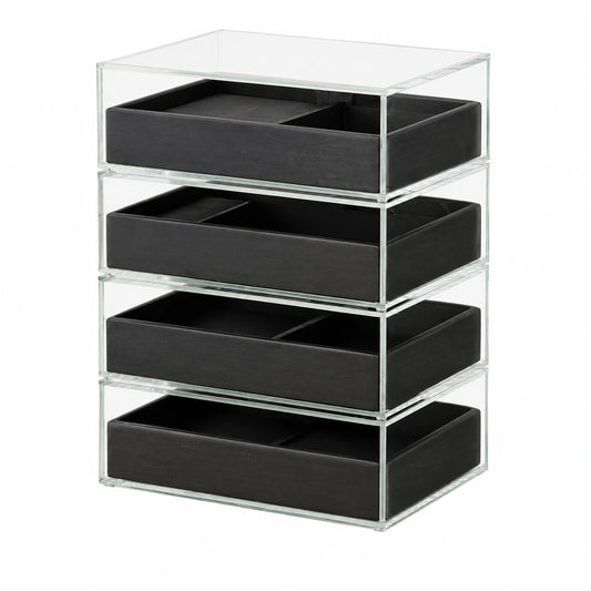 Armadio Portagioielli in Legno con Vetrina e Cassetti Modulari, Design Moderno, Colore Nero