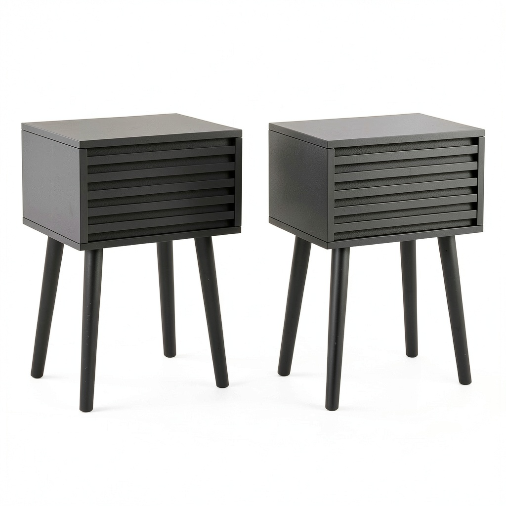 Comodini Moderni in Stile Met¨¤ Secolo, Set da 2, con Cassetto a Pressione e Gambe in Legno, 35x27x53cm, per Camera da Letto e Soggiorno, Nero