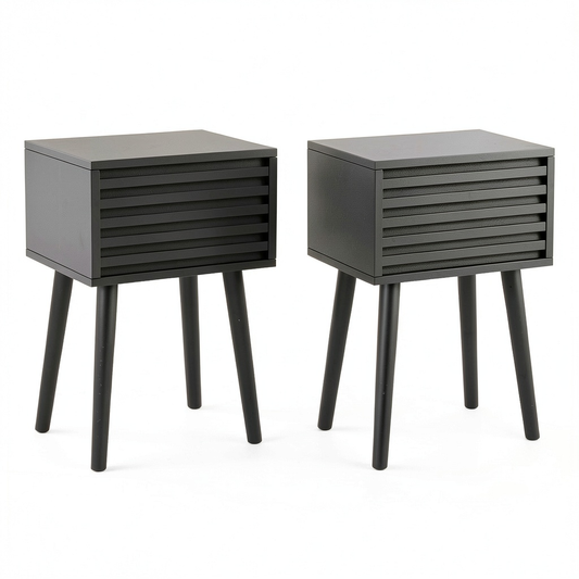 Comodini Moderni in Stile Met¨¤ Secolo, Set da 2, con Cassetto a Pressione e Gambe in Legno, 35x27x53cm, per Camera da Letto e Soggiorno, Nero