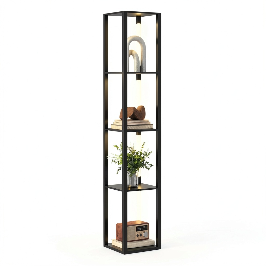Lampada da Terra Nera con Ripiani e Luce Dimmerabile, 3 Livelli di Luminosit¨¤, Interruttore a Pedale, 29x29x163 cm