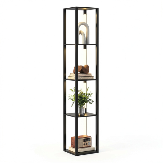 Lampada da Terra Nera con Ripiani e Luce Dimmerabile, 3 Livelli di Luminosit¨¤, Interruttore a Pedale, 29x29x163 cm