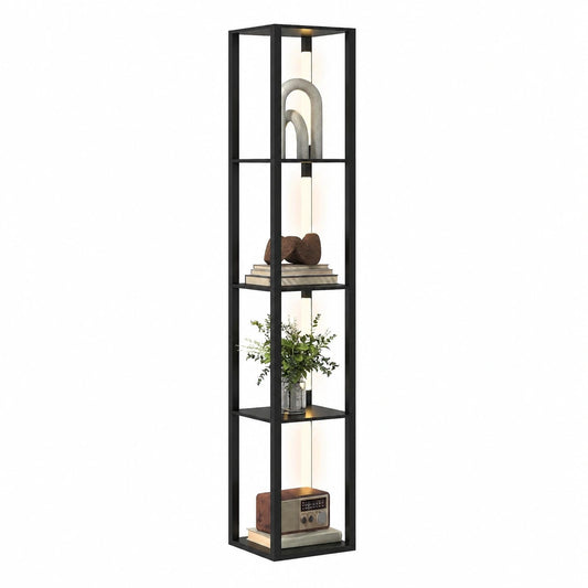 Lampada da Terra Nera con Ripiani e Luce Dimmerabile, 3 Livelli di Luminosit¨¤, Interruttore a Pedale, 29x29x163 cm