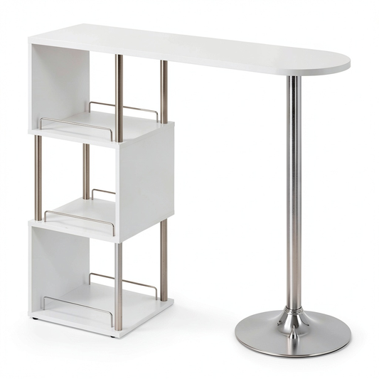 WOLTU Tavolo Alto Bar con Ripiani e Portabottiglie, Bancone Cucina in Metallo e MDF, 113x40x105 cm, Bianco