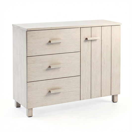 Credenza Moderna in Legno di Pino con Anta e Cassetti Scorrevoli, Bianco