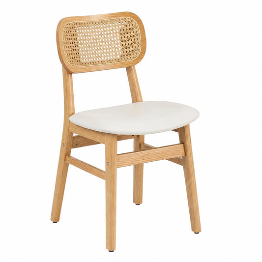 Set di 2 Sedie in Rattan con Gambe in Legno e Cuscino in Pelliccia, Bianco